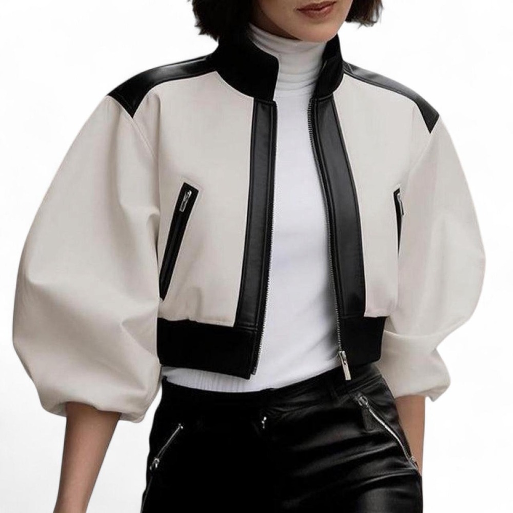 UOOZEE Puff Sleeve Contrast Color Zipper Stand Collar Jacket and Coat